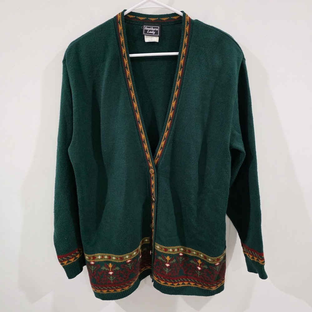 Vintage Womens Cardigan Size Large Green Old Money Ivy League Preppy